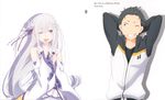  1girl ;d absurdres arms_behind_back black_hair black_shirt brown_eyes collarbone copyright_name detached_sleeves emilia_(re:zero) floating_hair flower grin hair_flower hair_ornament hair_ribbon highres huge_filesize jacket long_hair natsuki_subaru official_art one_eye_closed open_mouth partially_unzipped pleated_skirt purple_eyes purple_ribbon re:zero_kara_hajimeru_isekai_seikatsu ribbon sakai_kyuuta shirt silver_hair simple_background skirt smile standing upper_body very_long_hair white_background white_flower white_skirt 