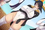  black_hair blush breasts brown_eyes cameltoe covered_navel emperor_penguin_(kemono_friends) hair_over_one_eye headphones highleg highleg_leotard hood hoodie kemono_friends large_breasts leotard long_hair looking_at_viewer multicolored_hair open_clothes simple_background skindentation solo thighhighs white_legwear white_leotard yuzumiya_mono 