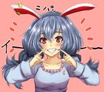  amagi_(amagi626) animal_ears blouse blue_hair blush bunny_ears crescent crescent_moon_pin ear_clip grin highres index_finger_raised long_hair long_sleeves looking_at_viewer pink_background pointing pointing_at_self red_eyes seiran_(touhou) simple_background sketch smile solo touhou twintails upper_body 