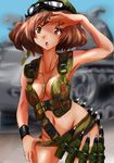  akiyama_yukari ammunition armor bandolier bangs bikini_armor blurry breasts brown_eyes brown_hair bullet camouflage camouflage_panties caterpillar_tracks commentary_request cowboy_shot depth_of_field girls_und_panzer goggles goggles_on_headwear green_panties ground_vehicle helmet highres hyakute_gyojin jewelry load_bearing_vest medium_breasts messy_hair military military_vehicle motor_vehicle necklace no_pants open_mouth panties panty_pull pulled_by_self shading_eyes short_hair solo standing tactical_clothes tank underwear wristband 