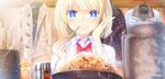  bangs blonde_hair blue_eyes blush bow bowl bowtie buttons chopsticks clothes_hanger coat collared_shirt commentary_request cyanomirahi food indoors lipstick looking_at_viewer makeup noodles original pink_lipstick ramen shirt short_hair smile steam symbol-shaped_pupils white_shirt 