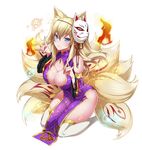  animal_ears blonde_hair blue_eyes breasts cleavage detached_sleeves dress fire fox_ears fox_tail full_body hizuki_akira kitsune kyuubi large_breasts long_hair mask mask_on_head multiple_tails pelvic_curtain sangoku_infinity simple_background smile solo source_request tail white_background white_legwear 