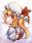  absurdres alternate_eye_color bangs blonde_hair dai_(yamii) eyebrows_visible_through_hair fang flandre_scarlet gradient_eyes grin hair_between_eyes hat hat_ribbon highres lips long_hair looking_at_viewer looking_back mob_cap multicolored multicolored_eyes orange_eyes puffy_short_sleeves puffy_sleeves purple_background red_eyes red_vest reflective_eyes ribbon shiny shiny_clothes shiny_hair shiny_skin shirt short_sleeves side_ponytail smile solo teeth touhou upper_body vest white_background white_shirt 