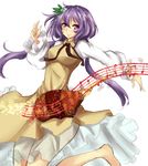  absurdres amagi_(amagi626) bare_legs barefoot beamed_eighth_notes biwa_lute blush breasts dress eighth_note hair_ornament highres instrument jumping leaf_hair_ornament long_hair long_sleeves looking_at_viewer lute_(instrument) medium_breasts musical_note neck_ribbon purple_eyes purple_hair quarter_note ribbon see-through shirt simple_background sketch smile solo staff_(music) touhou tsukumo_benben twintails white_background 