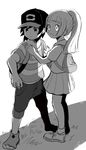  1boy 1girl angry backpack hat lillie_(pokemon) male_protagonist_(pokemon_sm) monochrome open_mouth pokemon pokemon_(game) pokemon_sm ponytail short_hair striped_shirt sweatdrop 