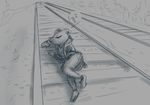  anthro bad_idea clothed clothing female greyscale hoodie lori_m. mammal monochrome mouse night_in_the_woods nobody_(artist) outside rodent sleeping solo sound_effects train_tracks zzz 