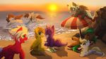  beach blonde_hair blue_eyes cutie_mark equine fan_character feathers female fur green_eyes group hair hioshiru hooves horn male mammal my_little_pony outside pegasus purple_fur red_feathers red_fur seaside smile unicorn water white_feathers wings yellow_feathers yellow_fur 