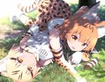 :&lt; :d animal_ears bare_shoulders blonde_hair blurry blush bow bowtie cat_ears cat_tail dappled_sunlight day depth_of_field elbow_gloves eyebrows_visible_through_hair fang gloves grass haribote_(tarao) kemono_friends looking_at_viewer lying lying_on_person multicolored_hair multiple_girls on_back on_stomach open_mouth outdoors paw_pose revision sand_cat_(kemono_friends) serval_(kemono_friends) serval_ears serval_print serval_tail shade shirt short_hair skirt sleeveless smile streaked_hair sunlight tail thighhighs tree_shade white_shirt yellow_eyes 