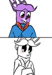  2015 animatronic anthro blush bonnie_(fnaf) bow_tie buckteeth clothed clothing crossed_arms five_nights_at_freddy&#039;s inkyfrog lagomorph machine male mammal pouting rabbit robot simple_background solo sweater teeth video_games white_background 