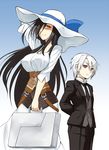  1girl age_difference arms_behind_back black_hair bow breasts butler commentary_request corset dress formal hair_over_one_eye hat hat_bow koike_(shiro_maru) large_breasts long_hair looking_at_viewer necktie original red_eyes shiro_maru smile suit suitcase sun_hat very_long_hair white_dress white_hair white_hat yellow_eyes 