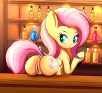  2019 alcohol anus bar beverage bottle butt canister_(artist) clitoral_winking clitoris cutie_mark dock equine eyebrows eyelashes female feral fluttershy_(mlp) friendship_is_magic hair inside looking_at_viewer looking_back mammal my_little_pony nude pegasus presenting presenting_hindquarters presenting_pussy pussy raised_tail smile solo wings 