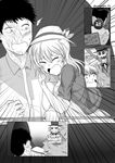  arm_grab between_breasts breasts casual closed_eyes comic commentary dress emphasis_lines english english_commentary greyscale hat highres jacket kantai_collection kashima_(kantai_collection) locked_arms monochrome profanity robba-san_(wangphing) scared sign skeleton tearing_up twitter_username wangphing 