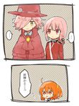  2girls alternate_color braid chibi edmond_dantes_(fate/grand_order) fate/grand_order fate_(series) fedora florence_nightingale_(fate/grand_order) fujimaru_ritsuka_(female) green_eyes hat highres long_hair multiple_girls orange_hair pink_hair red_eyes short_hair side_ponytail translated uniform yomoda_(7taizai7bitoku) 