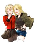  ^_^ blonde_hair blue_eyes blush bomber_jacket closed_eyes cropped_legs darjeeling girls_und_panzer hand_on_another's_hip hand_on_hip hand_to_own_mouth highres jacket kay_(girls_und_panzer) laughing military military_uniform multiple_girls pantyhose saunders_military_uniform sketch sso_321 st._gloriana's_military_uniform thighhighs uniform white_legwear 