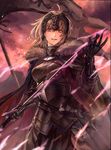  ahoge armor armored_dress black_gloves blonde_hair cape fate/grand_order fate_(series) flag fur-trimmed_cape fur_trim gauntlets gloves headpiece holding holding_sword holding_weapon jeanne_d'arc_(alter)_(fate) jeanne_d'arc_(fate)_(all) looking_at_viewer mushipan_(hava5827) short_hair solo sword weapon yellow_eyes 