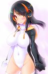  black_hair black_jacket breasts brown_eyes covered_navel cowboy_shot emperor_penguin_(kemono_friends) eyes_visible_through_hair hair_over_one_eye highleg highleg_leotard highres impossible_clothes impossible_leotard jacket kemono_friends koha large_breasts leotard long_hair looking_at_viewer multicolored_hair open_clothes simple_background solo thighhighs white_background white_legwear white_leotard 