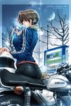  2017 artist_name ass black_hair breasts commentary_request dated ground_vehicle helmet highres jacket kawasaki large_breasts moon motor_vehicle motorcycle motorcycle_helmet night night_sky original otokomaene-san_(unbalance) pocari_sweat profile short_hair sky solo steam telephone_pole tree unbalance vending_machine 