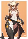  anthro black_skin breasts clothing collar ear_piercing female fish marine orange_eyes orange_skin panties panty_pull pgm300 piercing shark simple_background solo tongue tongue_out underwear white_skin 