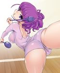  1girl :o alternate_hairstyle breasts cameltoe earrings female from_behind jewelry juggling_club kirakira_precure_a_la_mode kotozume_yukari large_breasts leg_lift leotard looking_at_viewer looking_back nurugamer-kouyouju open_mouth ponytail precure purple_eyes purple_hair short_hair sideboob solo standing_on_one_leg trefoil 