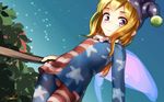  american_flag_dress american_flag_legwear blonde_hair clownpiece commentary_request dress fairy fairy_wings flat_chest hat jester_cap long_hair long_sleeves microdress neck_ruff pantyhose pink_eyes solo torch touhou welt_(kinsei_koutenkyoku) wings 