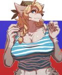  5_fingers anthro big_breasts blonde_hair blue_eyes breasts brown_fur brown_nose canine cleavage clothed clothing eyebrows eyelashes female fur hair looking_at_viewer mammal navel pgm300 scar solo wolf 