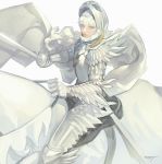  1boy armor berserk blue_eyes cape gauntlets griffith helmet holding holding_sword holding_weapon horse light_blue_eyes long_hair na_in-sung pauldrons rapier riding saddle scabbard sheath signature simple_background sitting solo strap sword vambraces weapon white_background white_cape white_hair 