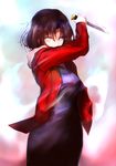 absurdres black_dress black_hair blue_eyes commentary_request covered_mouth cowboy_shot dress glowing glowing_eye highres holding holding_knife jacket kara_no_kyoukai knife long_sleeves open_clothes open_jacket red_jacket ryougi_shiki shirokuma1414 short_hair solo type-moon 