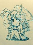  animal_ears bangs bruise bruise_on_face bunny_ears commentary_request dress ear_clip efukei eyebrows_visible_through_hair full_body holding injury kine long_hair monochrome o_o open_mouth puffy_short_sleeves puffy_sleeves seiran_(touhou) short_sleeves sitting solo tears touhou traditional_media translation_request 