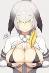  artist_name between_breasts bikini_top bird_wings black_hair blush breast_lift breasts brown_eyes eyebrows_visible_through_hair gloves grey_background grey_hair head_wings kemono_friends large_breasts looking_at_viewer micro_bikini_top multicolored_hair necktie samegami shoebill_(kemono_friends) short_hair signature simple_background solo white_neckwear wings 