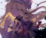  bangs blonde_hair bow chromatic_aberration dissolving dress flat_chest floating_hair gap grey_background hair_between_eyes hair_bow hair_ribbon hand_up hat hat_ribbon isshin_(kaxz) long_hair looking_at_viewer mob_cap parted_lips ribbon solo tabard teardrop tears touhou upper_body watery_eyes white_dress yakumo_yukari yellow_eyes 