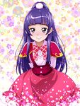 arms_behind_back bow highres izayoi_liko long_hair looking_at_viewer magic_school_uniform mahou_girls_precure! nakahira_guy pink_eyes plaid plaid_bow ponytail precure purple_hair smile solo 
