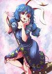  animal_ears blue_dress blue_hair breasts bunny_ears collarbone colored_eyelashes commentary_request dress dress_lift highres kine lips moyamu red_eyes seiran_(touhou) small_breasts solo standing standing_on_one_leg touhou twintails 