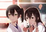  akagi_(kantai_collection) banned_artist check_commentary commentary commentary_request food kaga_(kantai_collection) kantai_collection long_hair multiple_girls onigiri open_mouth side_ponytail sneaking tachikoma_(mousou_teikoku) 