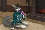  2017 anthro bottomless brown_fur canine carpet clothed clothing dildo eliana-asato fire fireplace fur green_eyes grey_fur inside male mammal open_mouth penis sex_toy sitting solo sweater tongue tongue_out white_fur wolf wood yellow_fur yellow_penis 