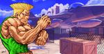  aircraft airplane american_flag blonde_hair blue_sky clenched_hand day fighter_jet fighting_stance flattop guile highres jet male_focus manly military military_vehicle muscle serious sky solo street_fighter street_fighter_v tank_top tattoo veins wallace_pires 