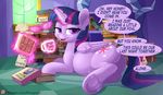  2017 book cup cutie_mark dialogue dock english_text equine eyewear feathered_wings feathers female feral friendship_is_magic glasses glowing hair half-closed_eyes hooves horn inside looking_at_viewer magic mammal my_little_pony open_mouth patreon pregnant purple_eyes purple_feathers pusspuss solo text twilight_sparkle_(mlp) underhoof winged_unicorn wings 