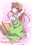  absurdres arm_up bangs blush breasts brown_hair buttons carrying closed_mouth collared_shirt commentary_request dated dress english eyebrows_visible_through_hair frilled_dress frills full_body gedoo_(gedo) gochuumon_wa_usagi_desu_ka? gradient gradient_background green_dress hand_on_headwear happy_birthday hat highres holding hoto_mocha large_breasts leg_up long_hair looking_at_viewer no_legwear number petals pink_background pinky_out puffy_short_sleeves puffy_sleeves purple_eyes sandals shirt short_sleeves sidelocks sleeveless sleeveless_dress smile solo standing standing_on_one_leg suitcase two-tone_background white_background white_shirt yellow_hat 