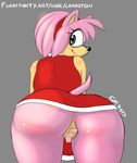  2017 amy_rose anthro bandage big_butt bottomless brown_fur butt clothed clothing covering english_text female fur green_eyes hair hedgehog lapinstein looking_at_viewer looking_back mammal pink_fur pink_hair rear_view signature skirt smile solo sonic_(series) text 