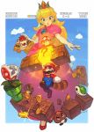 1girl 2boys ? animal_ears armlet black_eyes blonde_hair blue_eyes bowser bracelet brick brown_footwear castle cloud coin crown elbow_gloves facial_hair flag gameplay_mechanics gem gloves glowing goomba hat highres holding jewelry jumping leaf lipstick long_hair makeup mario mario_(series) multiple_boys mushroom mustache na_in-sung nintendo open_mouth parted_lips pink_lips pink_lipstick pipe piranha_plant princess_peach red_eyes red_footwear red_hair red_hat shell shoes signature smile sparkle spiked_armlet spiked_bracelet spikes tail teeth white_gloves 