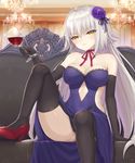  bare_shoulders black_gloves black_legwear blonde_hair blue_dress blurry breasts chandelier cleavage covered_navel cup depth_of_field dress drinking_glass elbow_gloves eyebrows_visible_through_hair fate/grand_order fate_(series) flower gloves hair_flower hair_ornament high_heels highres jeanne_d'arc_(alter)_(fate) jeanne_d'arc_(fate)_(all) lace lace-trimmed_dress large_breasts leg_up long_hair mashu_003 solo thighhighs wine_glass yellow_eyes 