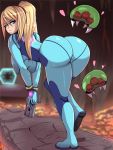  1girl ass blonde_hair blue_eyes blush bodysuit breasts cameltoe from_behind gloves gun hanging_breasts huge_ass kobi_oh large_breasts leaning leaning_forward long_hair looking_back metroid nintendo ponytail samus_aran shiny shiny_clothes shiny_hair skin_tight weapon zero_suit 