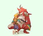  alternate_costume blonde_hair cravat crossdressing gerudo_link jewelry link looking_at_another mk/ret monster_boy multiple_boys otoko_no_ko ponytail shield short_ponytail sidon size_difference squatting sword the_legend_of_zelda the_legend_of_zelda:_breath_of_the_wild weapon yellow_eyes zora 