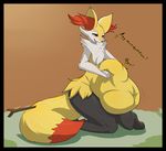  2017 asaneman belly big_belly black_fur blush braixen dialogue english_text female fur half-closed_eyes hand_on_stomach inner_ear_fluff kneeling navel nintendo nude pok&eacute;mon post_vore red_eyes red_fur red_nose smile solo stick text video_games vore white_fur wide_hips yellow_fur 