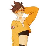  alternate_costume arm_behind_head arm_up bangs black_shorts brown_eyes brown_hair buttons casual closed_mouth crop_top ear_piercing freckles goggles long_sleeves midriff navel overwatch perio_67 piercing shirt short_hair short_shorts shorts simple_background smile solo spiked_hair swept_bangs tracer_(overwatch) union_jack upper_body white_background yellow_shirt 