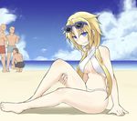  3boys barefoot beach bikini blonde_hair blue_eyes borrowed_character breasts cloud day eyewear_on_head full_body hair_over_shoulder himekawa_hinari leg_lift long_hair looking_at_viewer low_twintails medium_breasts multiple_boys original pointing shiro_maru smile solo_focus sunglasses swimsuit twintails underboob 