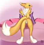  2017 anthro anus at black_nose blue_eyes blush breasts bridal_gauntlets butt clothing digimon facial_markings female front_view fur invalid_tag markings mr_specter_fox multicolored_tail neck_tuft nude presenting pussy renamon small_waist solo spreading standing tuft viewer warmers white_fur wide_hips yellow_fur 