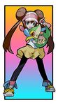  absurdres black_legwear blue_eyes brown_hair double_bun full_body gen_5_pokemon highres holding holding_poke_ball hug long_hair looking_at_viewer mei_(pokemon) open_mouth pantyhose pantyhose_under_shorts poke_ball pokemon pokemon_(creature) pokemon_(game) pokemon_bw2 shirt shoelaces shoes shorts simple_background sneakers snivy standing tokiya twintails visor_cap white_background 