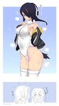  :d ass bare_shoulders black_hair breasts brown_eyes covered_navel covered_nipples emperor_penguin_(kemono_friends) hair_over_one_eye headphones highres hot humboldt_penguin_(kemono_friends) kemono_friends large_breasts leotard long_hair looking_at_viewer mudou_eichi multiple_girls open_mouth orange_hair smile sweat sweatdrop thighhighs translated white_legwear 