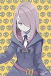  artist_name bad_id bad_pixiv_id commentary_request dress hair_over_one_eye highres little_witch_academia long_hair long_sleeves pale_skin purple_eyes purple_hair retorillo solo sucy_manbavaran upper_body yellow_background 