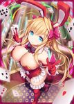  akkijin animal_ears aqua_eyes blonde_hair blush bow bowtie breasts bunny_ears card cleavage eyebrows_visible_through_hair fortuna_(shinkai_no_valkyrie) frilled_legwear gloves hair_ornament hair_ribbon heart large_breasts long_hair looking_at_viewer official_art playing_card poker red_gloves ribbon shinkai_no_valkyrie thighhighs 